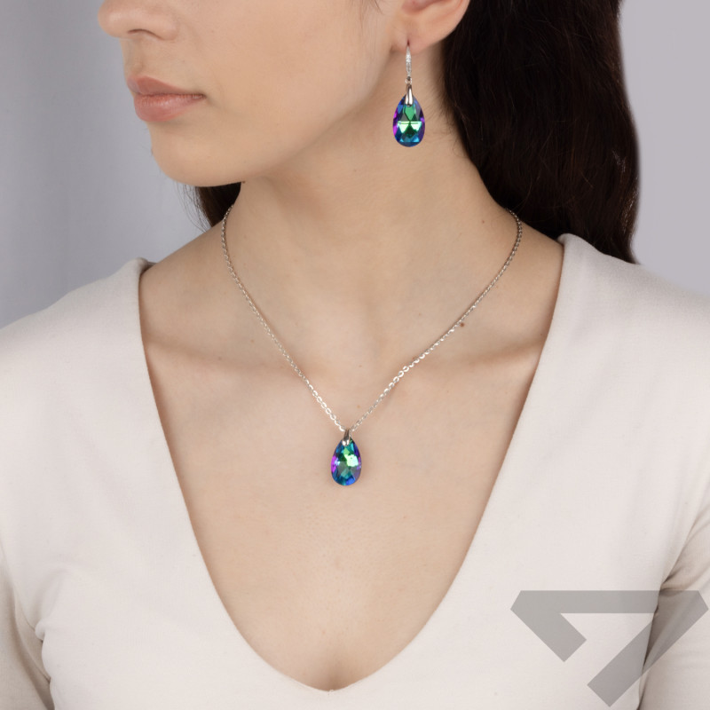 Komplet srebrny kolczyki i zawieszka z zielonym kryształem