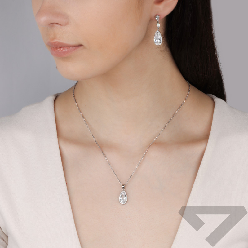 Komplet srebny kolczyki i zawieszka kropla z białymi cyrkoniami