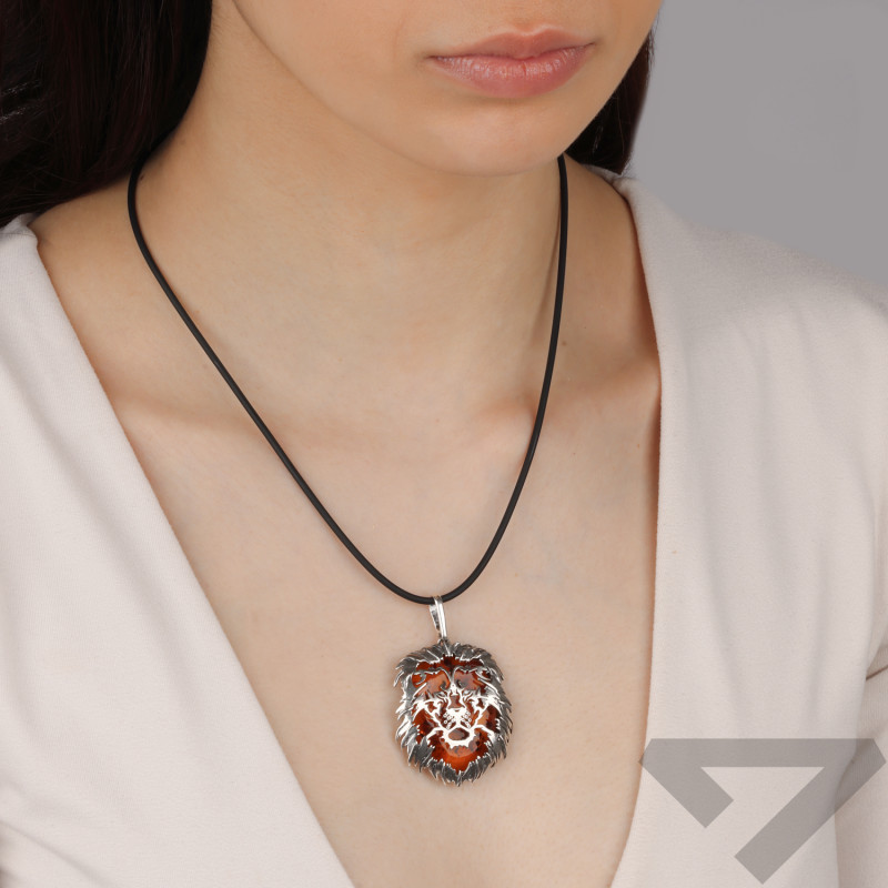 Srebrna Zawieszka Lew z Bursztynem Koniakowym - JubilerSezam.pl