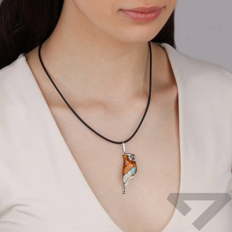 Zawieszka srebrna wróbel z bursztynem i turkusem