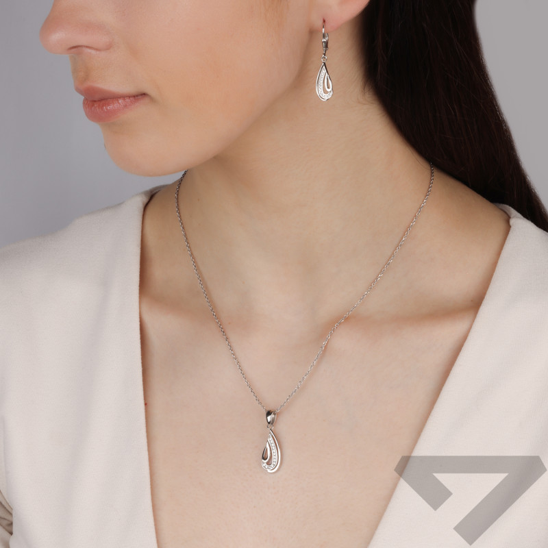 Komplet srebrny kolczyki i zawieszka ażurowa kropla z cyrkoniami