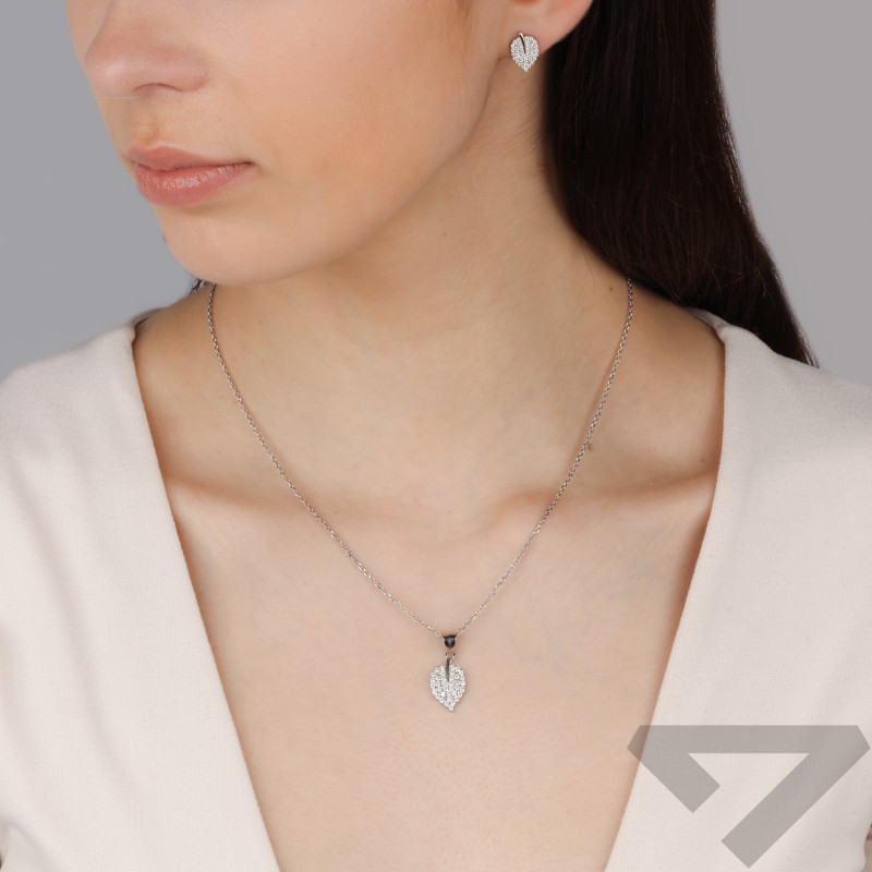 Komplet srebrny kolczyki i zawieszka liść z cyrkoniami