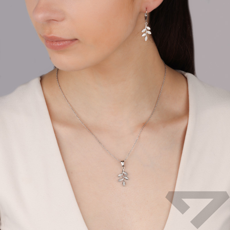 Komplet srebrny kolczyki i zawieszka gałązka z liśćmi