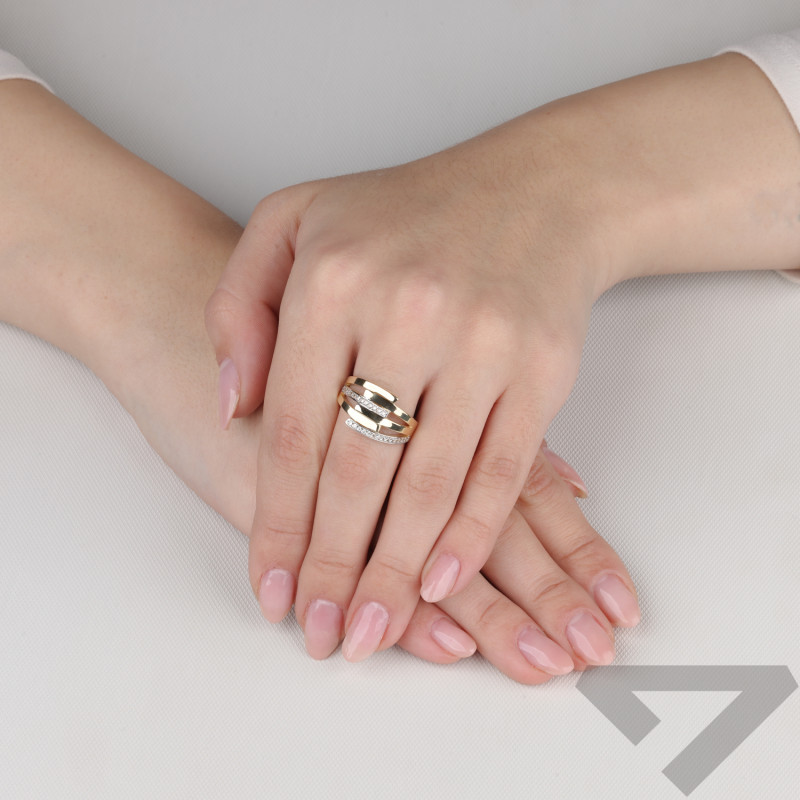 Pierścionek złoty zachodzące pałki z cyrkoniami próba 585