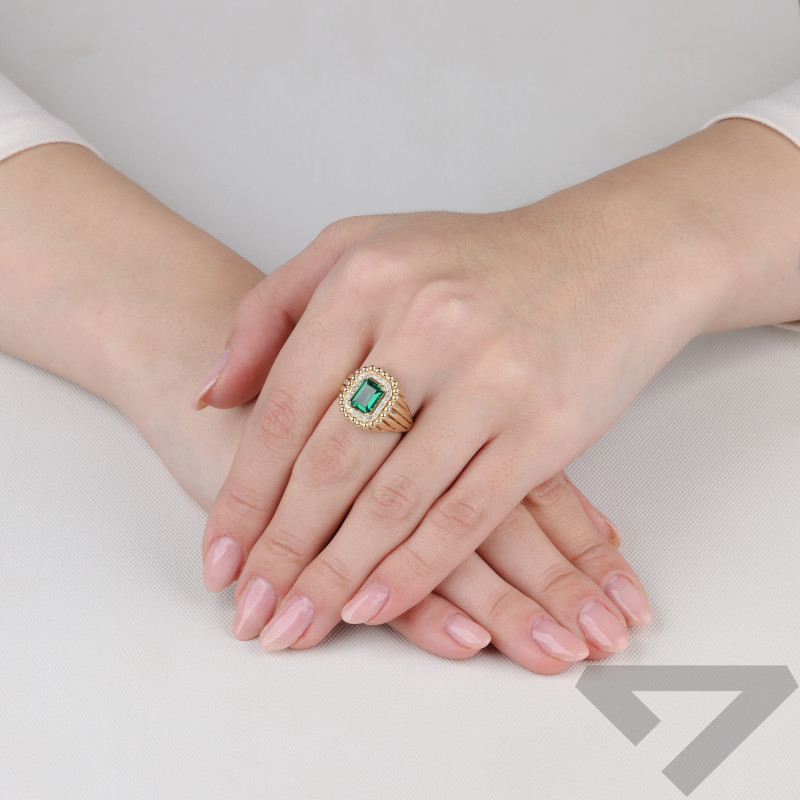 Pierścionek złoty sygnecik z zieloną cyrkonią próba 585