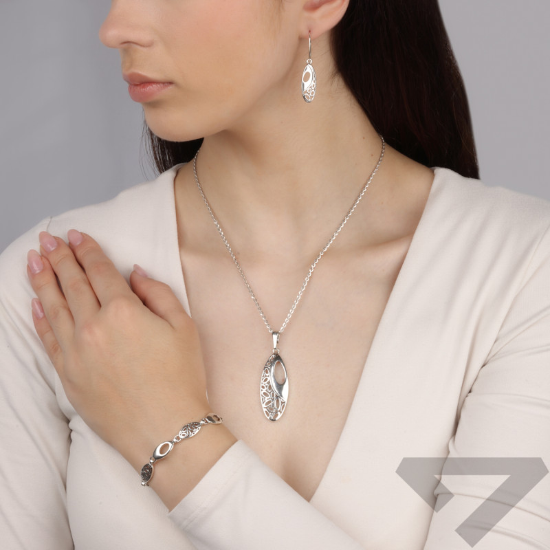 Komplet srebrny kolczyki i zawieszka ażurowy owal