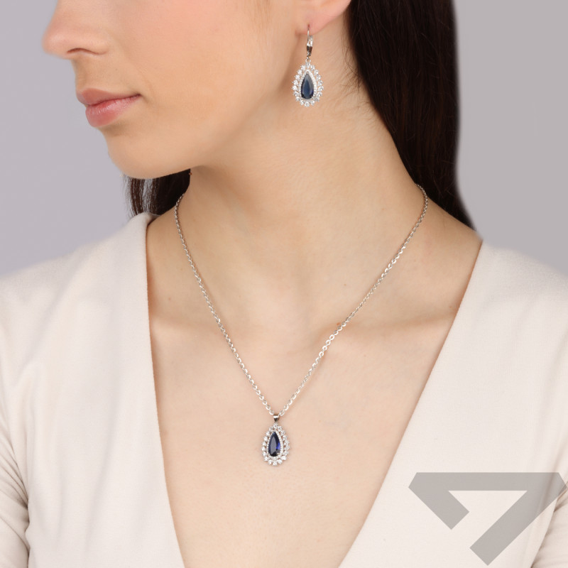 Komplet srebrny kolczyki i zawieszka markiza z szafirową cyrkonią