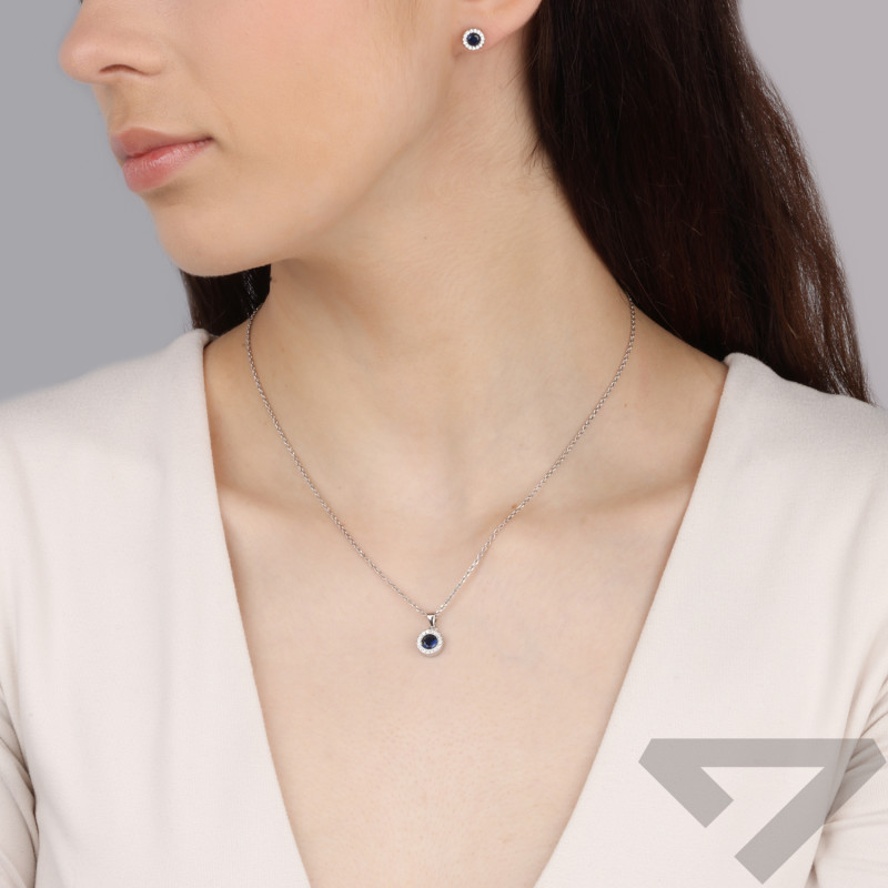 Komplet srebrny kolczyki i zawieszka markiza z szafirową cyrkonią