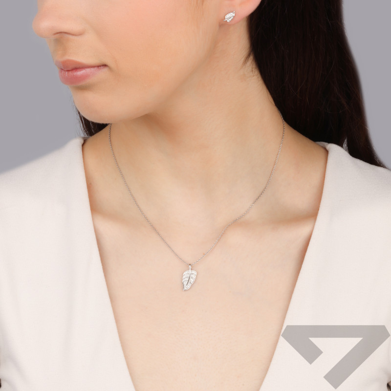 Komplet srebrny kolczyki i zawieszka liść z cyrkoniami