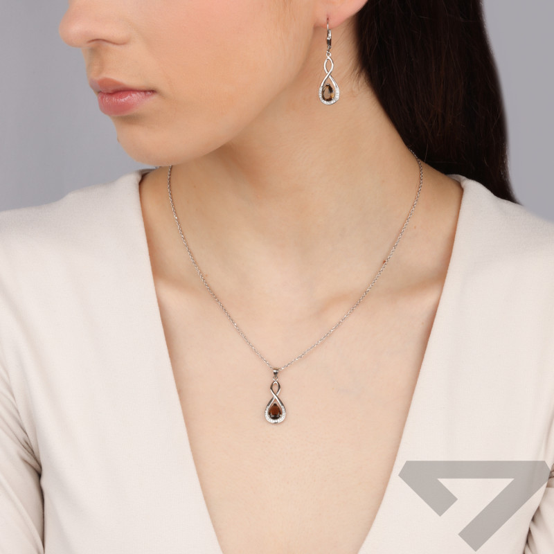 Komplet srebrny kolczyki i zawieszka kropla z brązową cyrkonią