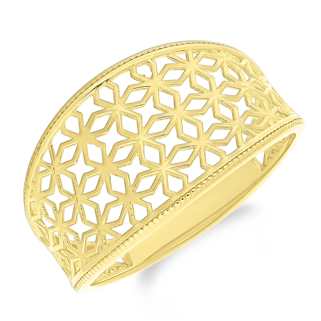 Pierścionek złoty blaszka z ażurowymi kwiatkami próba 375