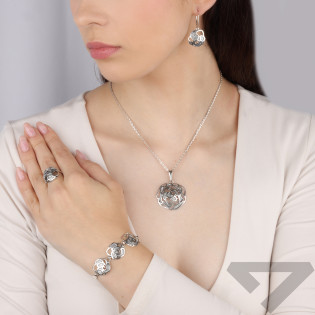 Komplet srebrny kolczyki i zawieszka ażurowa róża