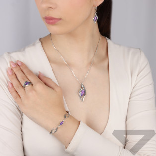 Bransoleta srebrna ażurowe łezki z fioletowym opalem