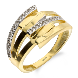 Pierścionek złoty zachodzące pałki z cyrkoniami próba 585