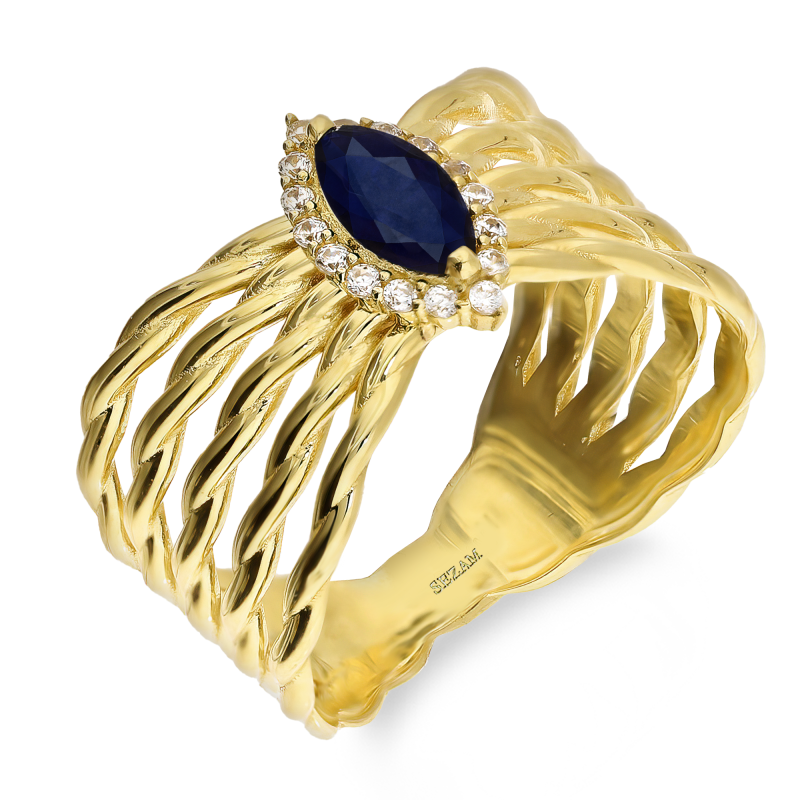 Pierścionek złoty ażurowa szyna z szafirową cyrkonią próba 375