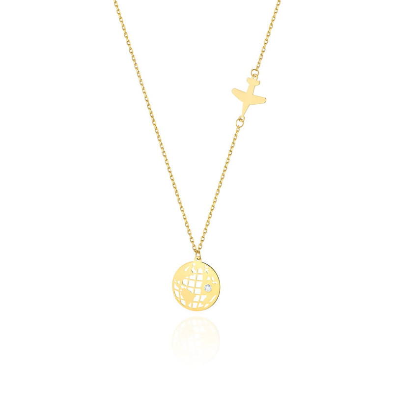 Naszyjnik złoty kula ziemska z diamentem i samolot próba 585