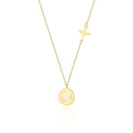 Naszyjnik złoty kula ziemska z diamentem i samolot próba 585