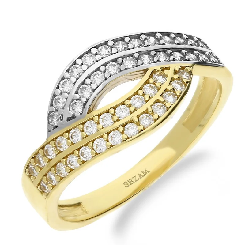 Pierścionek złoty fale z białymi cyrkoniami próba 585