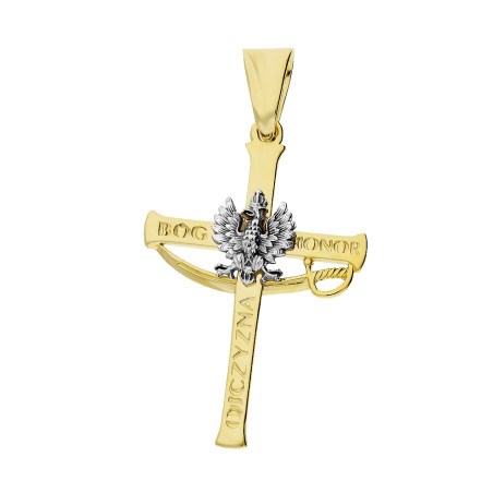 Krzyżyk złoty patriotyczny z orłem i szablą próba 585