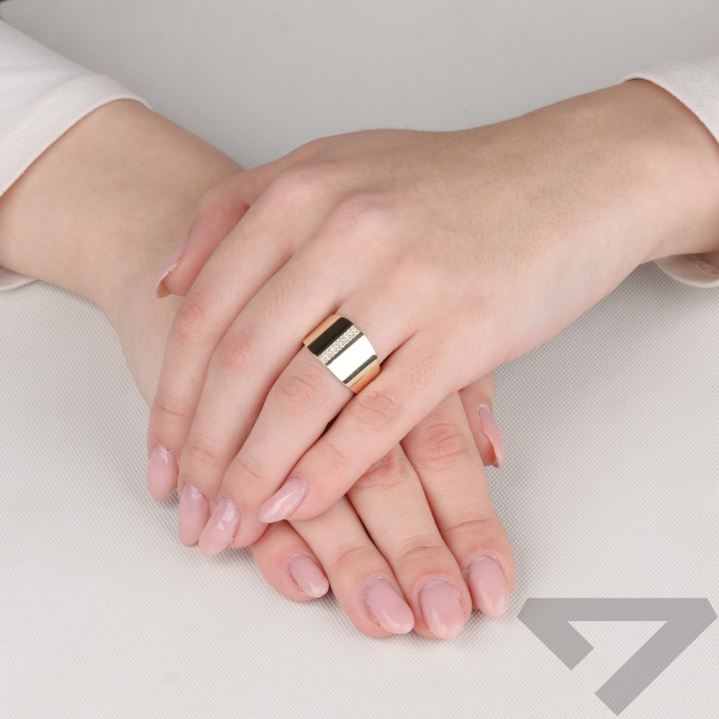 Pierścionek złoty szeroka blaszka z cyrkoniami próba 585