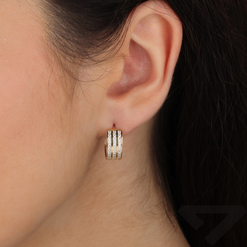 Kolczyki złote z trzema rzędami białych cyrkonii próba 585