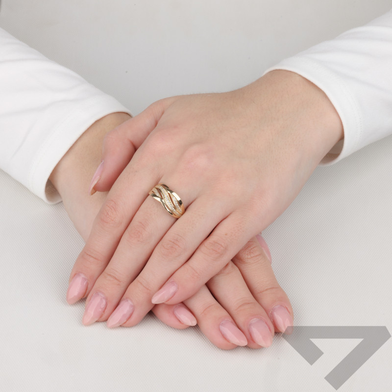 Pierścionek złoty zawijasy z białymi cyrkoniami próba 585