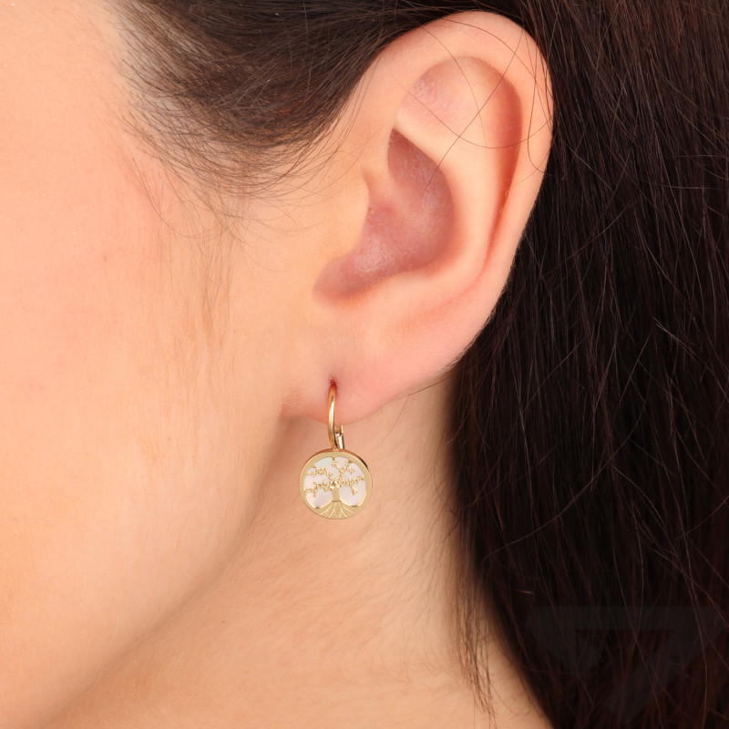 Kolczyki złote koło z drzewem i masą perłową/bigiel próba 585