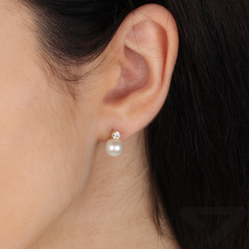 Kolczyki złote z białą perłą i cyrkonią próba 585