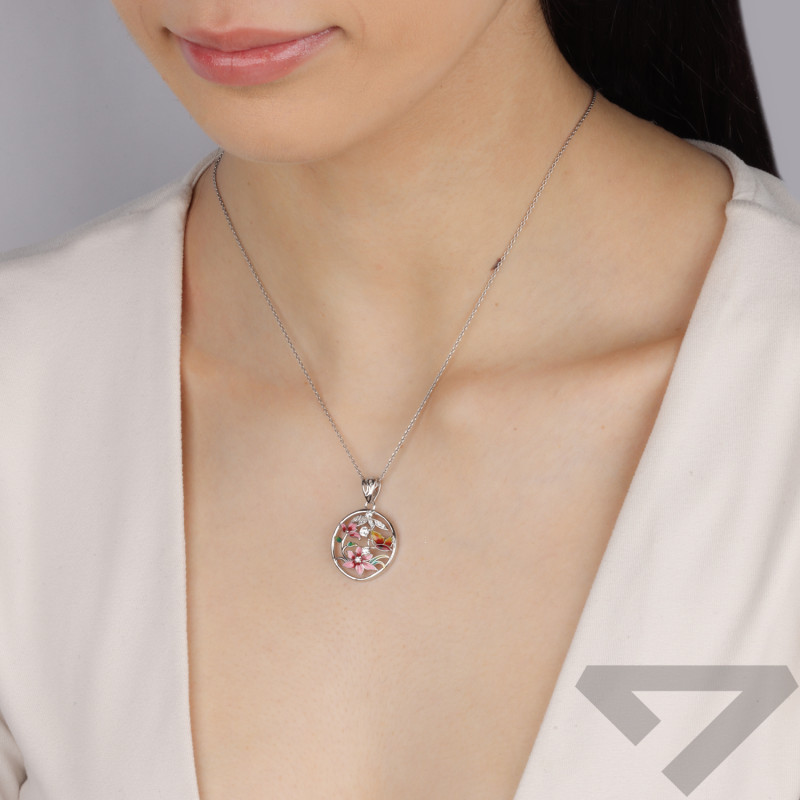 Zawieszka srebrna koło z kwiatami z emalią