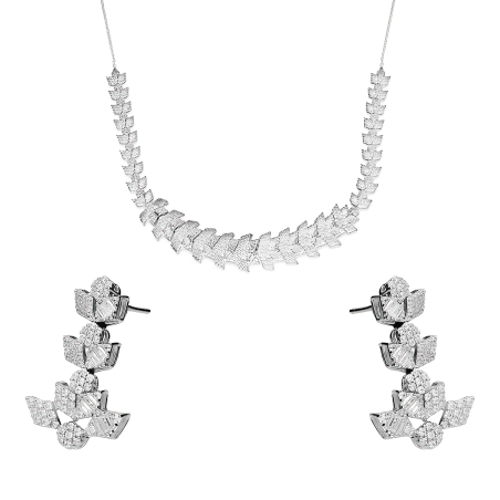 Komplet srebrny kolczyki i naszyjnik romby z białymi cyrkoniami