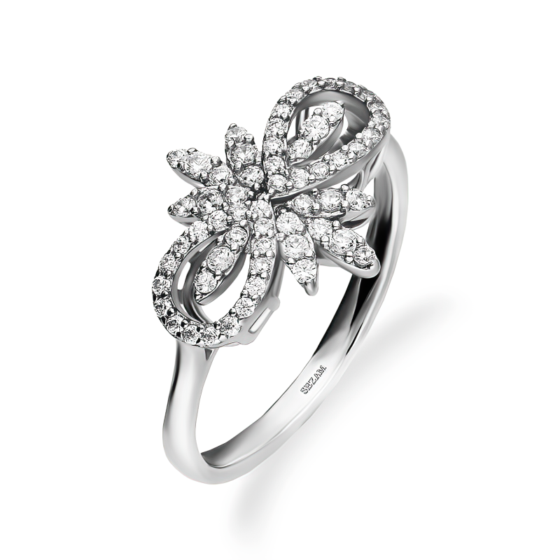 Pierścionek srebrny krople i listki z cyrkoniami