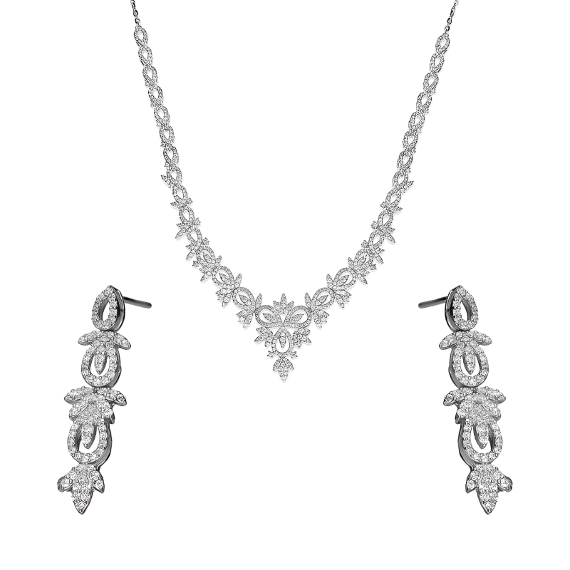 Komplet srebrny kolczyki i naszyjnik krople i listki z cyrkoniami