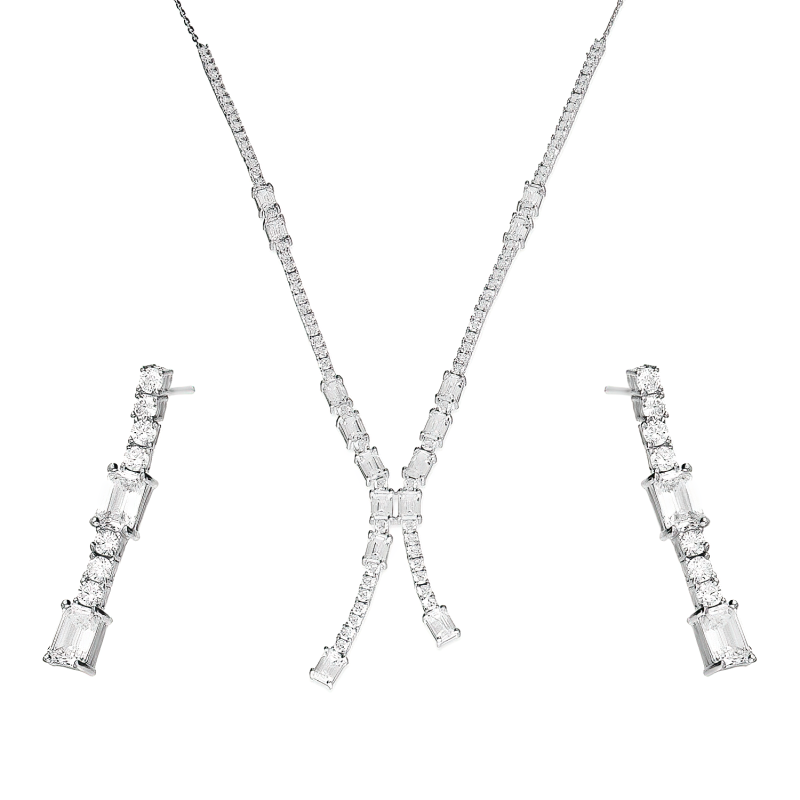 Komplet srebrny kolczyki i naszyjnik z białymi cyrkoniami bagietami A0 AUR027 próba 925