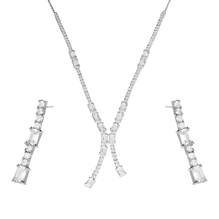 Komplet srebrny kolczyki i naszyjnik z białymi cyrkoniami bagietami A0 AUR027 próba 925
