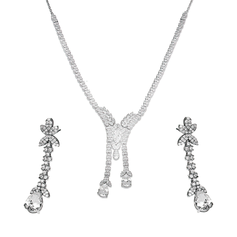 Komplet srebrny kolczyki i naszyjnik z białymi cyrkoniami w formie kropli i listków
