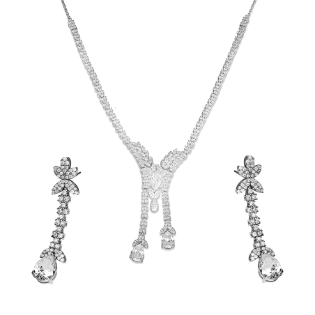 Komplet srebrny kolczyki i naszyjnik z białymi cyrkoniami w formie kropli i listków
