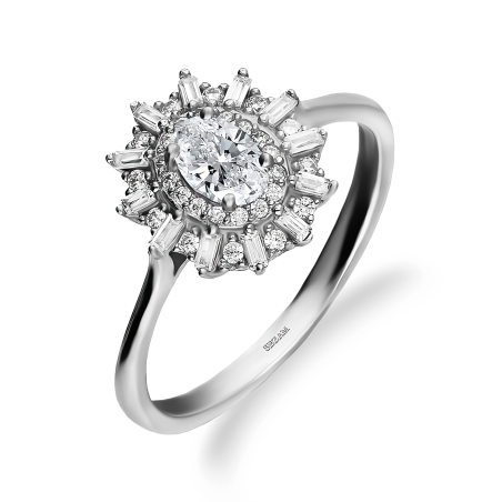 Pierścionek z białymi cyrkoniami bagietami w formie owalnej markizy