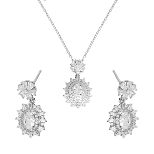 Komplet srebrny kolczyki i naszyjnik z białymi cyrkoniami w formie owalnej markizy
