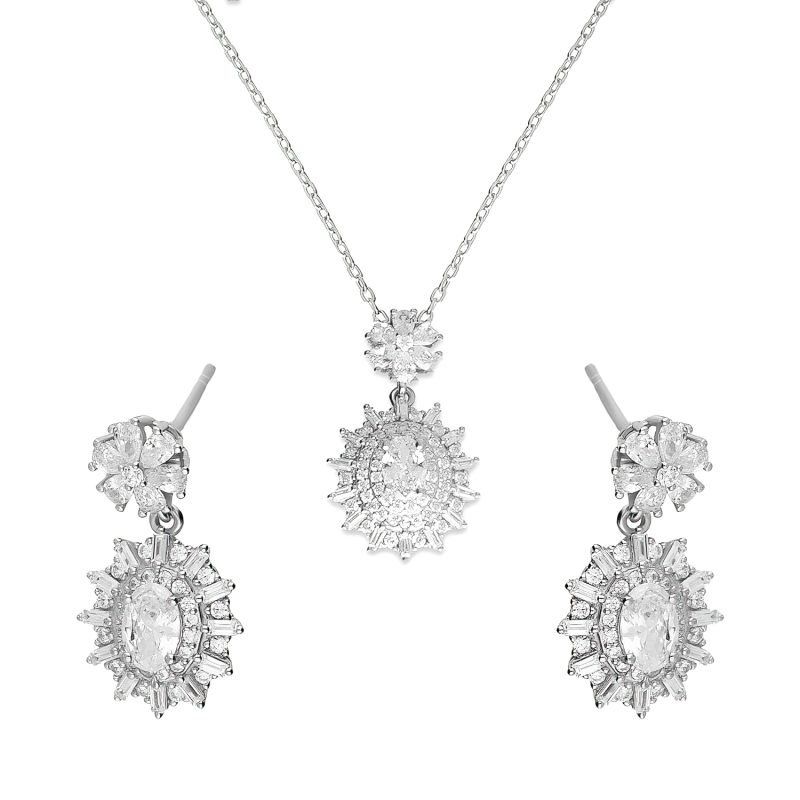 Komplet srebrny kolczyki i naszyjnik z białymi cyrkoniami w formie owalnej markizy