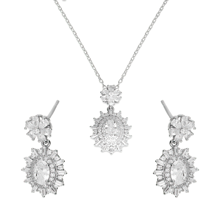 Komplet srebrny kolczyki i naszyjnik z białymi cyrkoniami w formie owalnej markizy