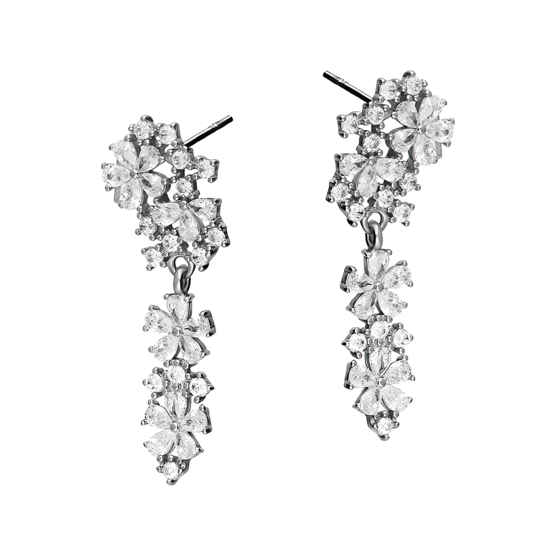 Kolczyki srebrne z motywem kwiatowym z białymi cyrkoniami/sztyft