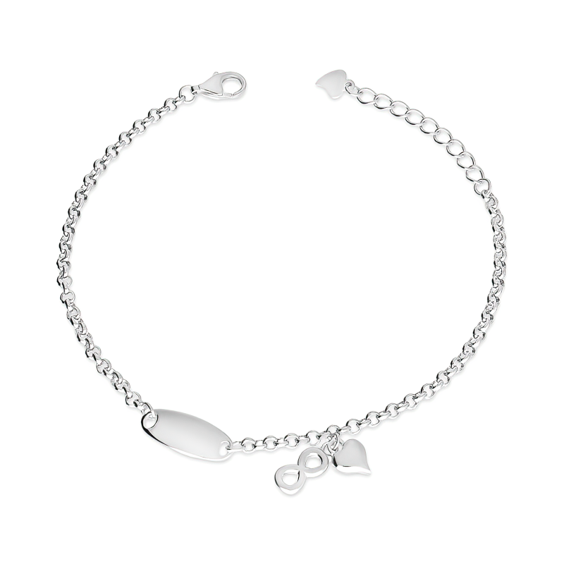 Bransoleta srebrna z owalną blaszką oraz sercem i infinity/rolo