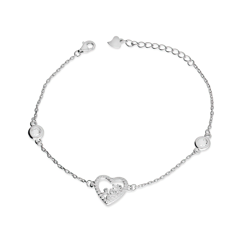 Bransoleta srebrna z sercem z napisem love i białymi cyrkoniami