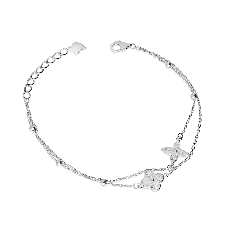 Bransoleta srebrna podwójna z koniczynkami z białymi cyrkoniami