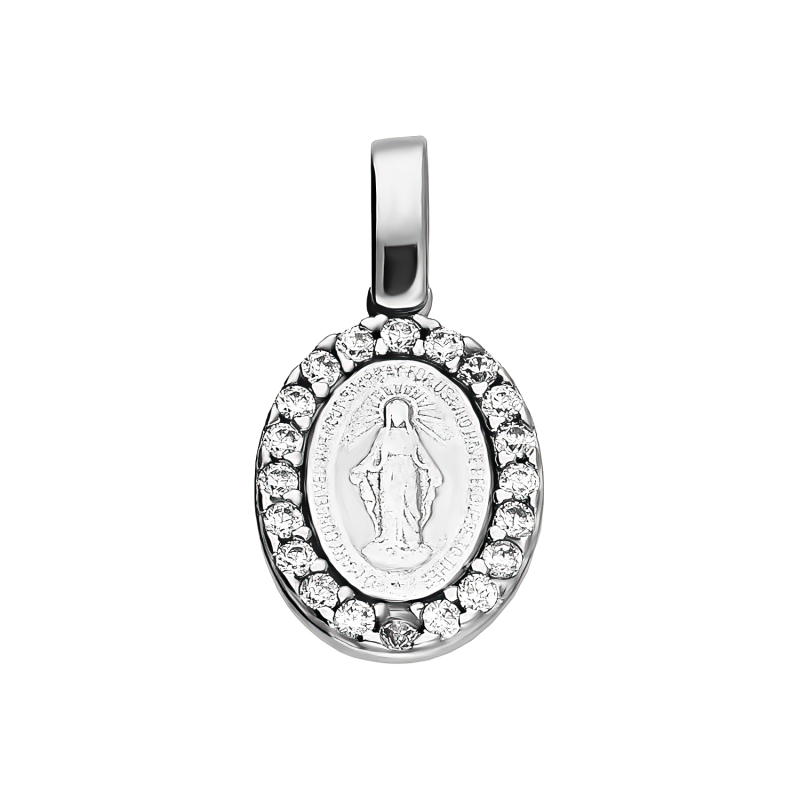 Medalik z białego złota z Niepokalaną w owalu z cyrkoniami próba 585