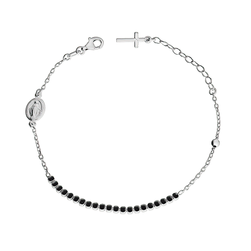 Bransoleta srebrna z rzędem czarnych cyrkonii oraz medalikiem i krzyżykiem