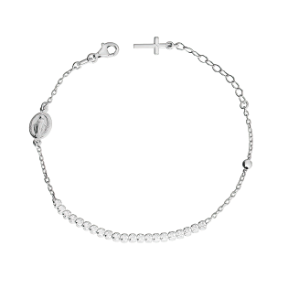 Bransoleta srebrna z rzędem białych cyrkonii oraz medalikiem i krzyżykiem
