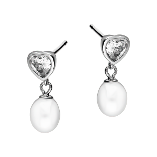 Kolczyki srebrne z białą perłą i sercem z cyrkonią/sztyft