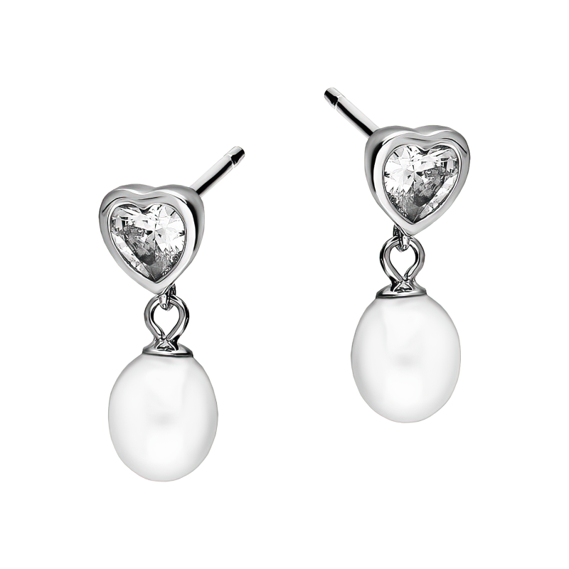 Kolczyki srebrne z białą perłą i sercem z cyrkonią/sztyft