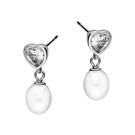 Kolczyki srebrne z białą perłą i sercem z cyrkonią/sztyft